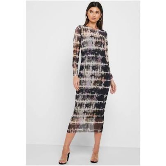 Dresses & Skirts - Brown & Black Tie-Dye Mesh Long Sleeve Maxi Dress
